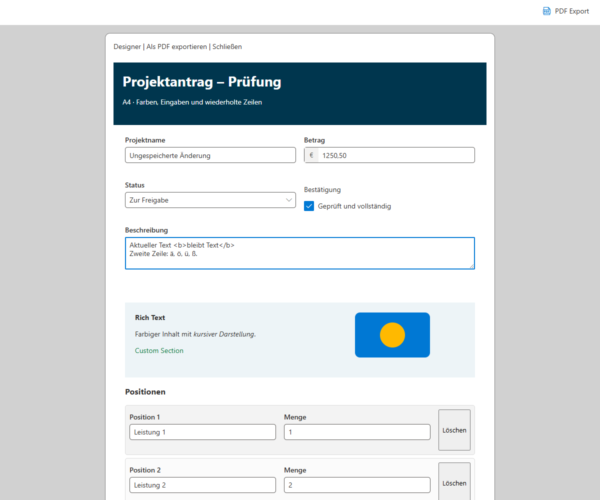 Projektformular mit wiederholbaren Positionen in Lean Forms