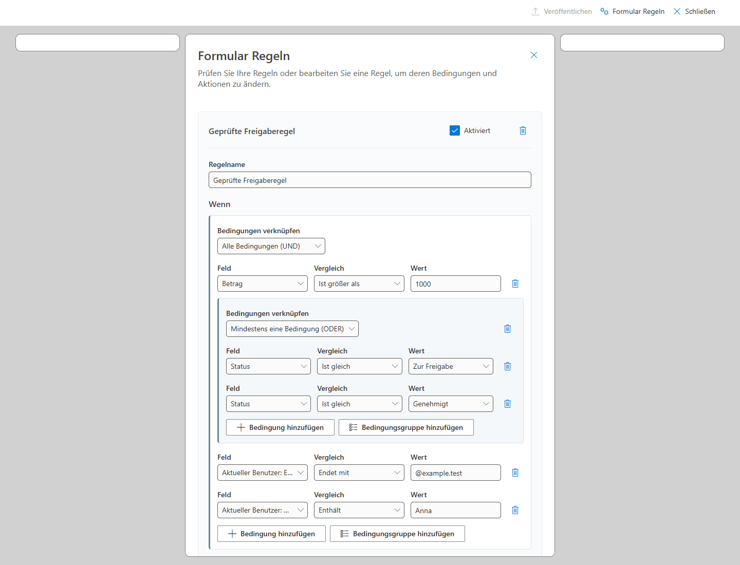 Lean Forms Regel-Editor mit verschachtelten Bedingungen